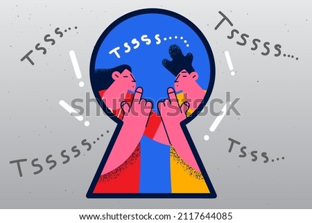 Man and woman behind door lock show hush gesture ask be quiet. Couple make hand sign keep secret or mystery in close circle. Secrecy and gossip. Flat vector illustration.  Royalty-Free Stock Photo #2117644085