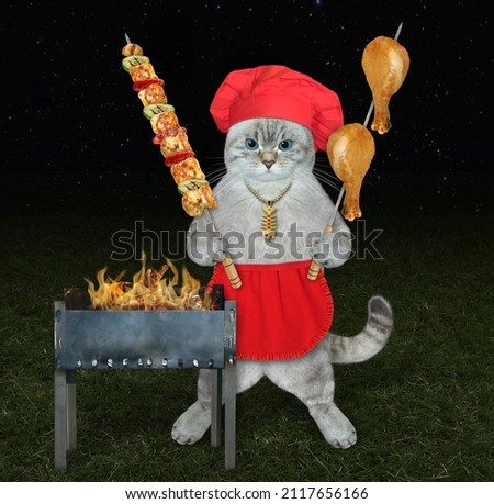 An ashen cat in a red chef hat and an apron holds skewers with meat near a barbecue grill in the meadow at night.