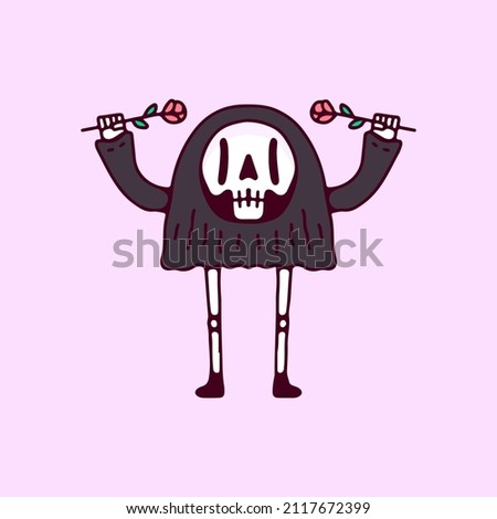 Cute Skull grim reaper holding flowers, illustration for t-shirt, poster, sticker, or apparel merchandise. With cartoon style.