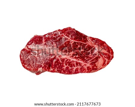 A Top Blade steak made of marbled beef lies on a white background. Isolated Royalty-Free Stock Photo #2117677673