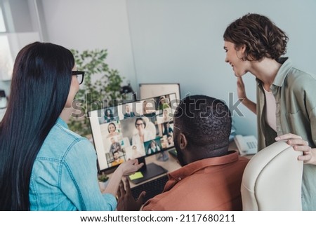 Photo of employers employees lady guy sit desk use gadget remote start-up development presentation greeting in workplace Royalty-Free Stock Photo #2117680211