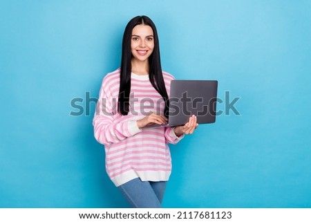 Photo of young pretty woman workshop use laptop manager marketer isolated over blue color background