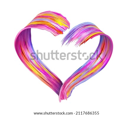 3d render, abstract colorful brushstrokes, heart shape isolated on white background. Valentine day clip art