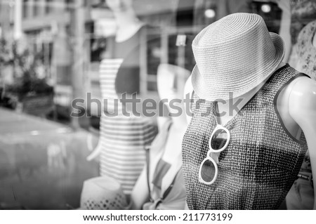 Female mannequins inside a fashion house, Black & White image Royalty-Free Stock Photo #211773199