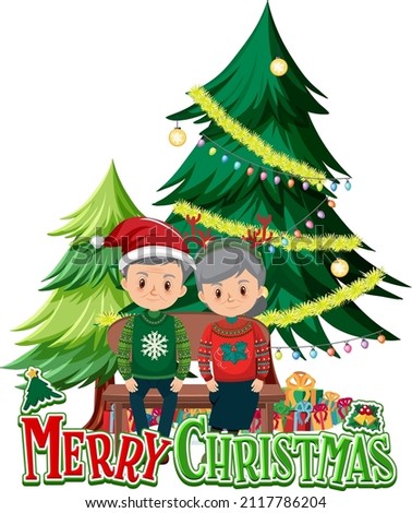 Merry Christmas logo with elderly couple and Christmas tree illustration