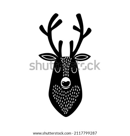 Deer head silhouette. Stylized drawing reindeer in simple scandi style. Nursery scandinavian art. Black and white vector illustration Royalty-Free Stock Photo #2117799287