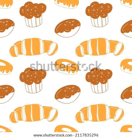 Bakery colored seamless pattern with pastry. Cakes, donuts, buns and croissants.