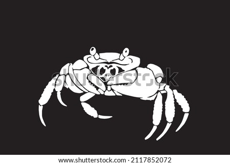 Vector silhouette of crab on black, graphical engraved illustration, seafood element
