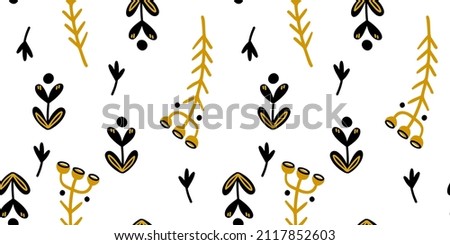 Illustration of a botanical seamless pattern. Flowers, leaves, branches. Folk art style. Objects isolated on white background. Universal use.