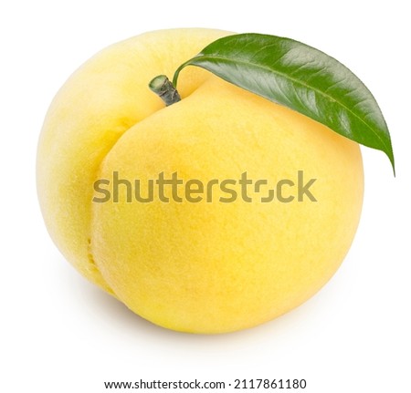 Yellow Peach fruit with leaf isolated on white background, Fresh Yellow Peach on White With clipping path. 