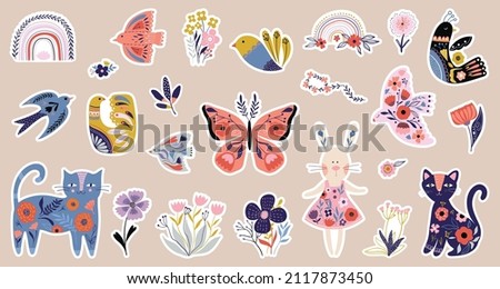 Spring collection with decorative stickers, folk style design, seasonal floral elements