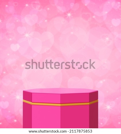 Empty pink and gold hexagon podium over blur pink love heart wall for Valentines day product display presentation, Minimal scene, 3d rendering