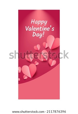 Valentine's day story vector banner. Pink, red background with flying hearts. Promo holiday banners collection with text, font, calligraphy: Happy Valentines day! Heart papercut wave. I love you sigh.