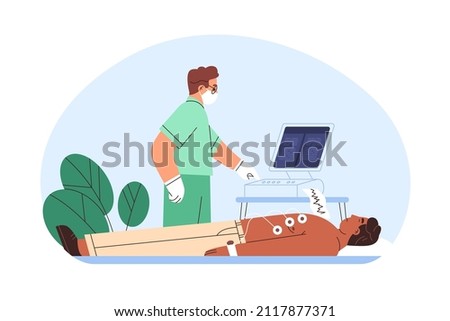Patient at ECG procedure at doctors office. Doctor checks heart health with electrocardiogram. Cardiovascular checkup with cardiogram in hospital. Flat vector illustration isolated on white background Royalty-Free Stock Photo #2117877371