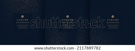 Set of glowing golden dots glitter overlapping on dark blue background. Collection of luxury and elegant halftone pattern with copy space. Vector design for cover template, poster, banner, print ad.