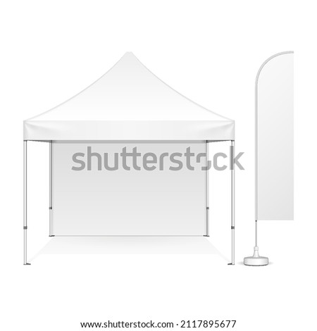 Mockup Promotional Advertising Outdoor Event Trade Show Pop-Up Tent Mobile Marquee With Feather Blade Straight Flag. Illustration Isolated On White Background. Mock Up Template.