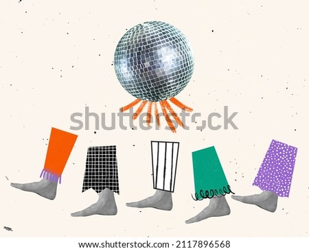 Human legs going to disco dancing. Minimalism, contemporary art collage. Inspiration, idea, trendy urban magazine style. Party, happy mood, art, fashion concept. Artwork. Copy space for ad, design