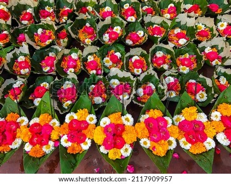 Flowers for Ganga Aarti ceremony in Haridwar, India.