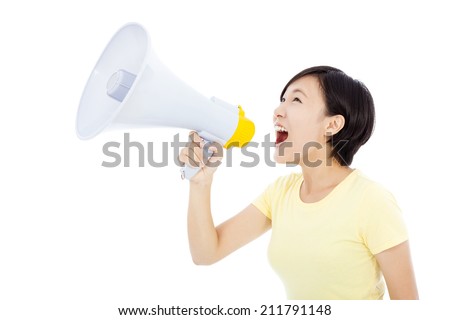 young woman holding megaphone.isolated on white background