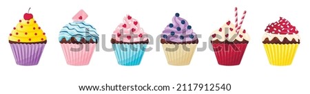 Set of cute cupcakes in flat style. Sweet pastries decorated with cream, icing, hearts, berries. Dessert for valentine's day