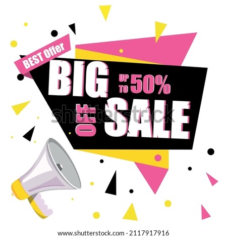 Discount banner. Discounts up to 50 percent. White background. Modern style. Yellow and Pink color. Advertising. Shopping. Vector stock illustration. Bright design