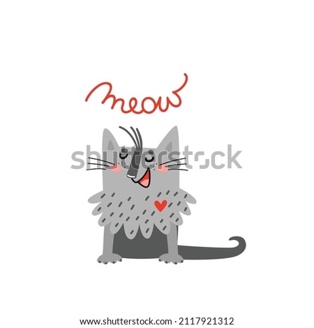 Cute cat in love with heart sitting alone and saying meow. Happy hairy kitty boy, funny cartoon pet. Hand drawn vector illustration isolated on white. Flat design, idea for print on card, t shirt etc.