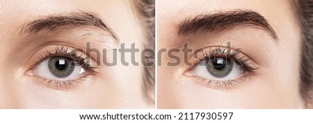 Comparison of female brow after eyebrow shape correction  or permanent makeup Royalty-Free Stock Photo #2117930597