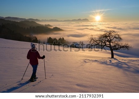 senior woman, sno hiking in sunset in the Bregenzer Wald area of Vorarlberg, Austria with spectacular view on Mount Saentis, Switzerland
 Royalty-Free Stock Photo #2117932391