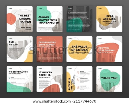 Social media post templates set with motivational quotes and cityscape vector illustration on background. Square instagram posts layouts for personal blog. Travel brochure cover design.