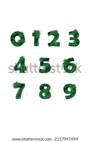 Arabic numerals from zero to nine, highlighted on a white background. Stylized as a collage of a photo of a lupin flower leaf. Concept: graphic design decorated with decorative font.