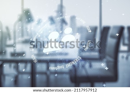 Abstract virtual people icons on a modern furnished office background. Life and health insurance concept. Multiexposure
