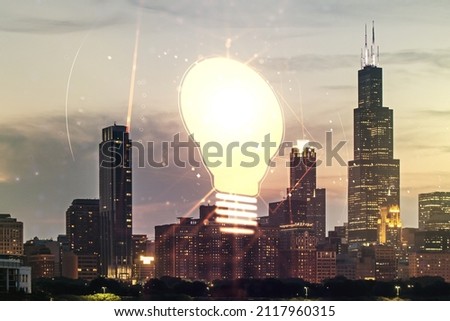 Virtual Idea concept with light bulb illustration on Chicago skyline background. Multiexposure