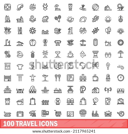 100 travel icons set. Outline illustration of 100 travel icons vector set isolated on white background