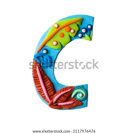 Cute alphabet plasticine clay letter isolated on white background. Tropical flower font type for book illustrations.