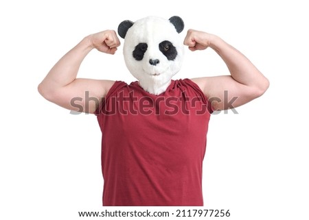 Man wearing a panda mask head doing strong gesture, isolated.