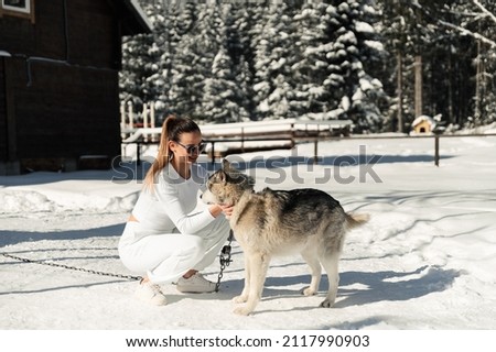 a beautiful girl in white clothes and sunglasses has fun playing with a fluffy and joyful husky on the background of nature in winter. dog on a leash.