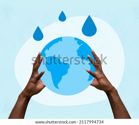 Rain. Abstract earth globe in human hands isolated on light blue background. World water day concept. Contemporary art collage. Idea, inspiration, saving ecology, environmental care. Poster, banner