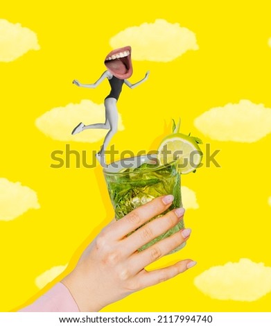 Summer, vacation, funny vibe. Young slim girl jumping in mojito cocktail glass isolated on yellow background. Contemporary bright art collage. Surrealism. Concept of fashion, style, vacation, drinks