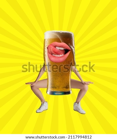 Contemporary art collage, modern design. Beer festival. Big beer glass with human legs, hands and mouth isolated on yellow background. Surrealism. Beer time, festival. night life, bar, pub