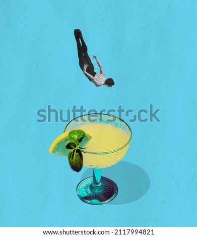 Friday funny vibe. Young man jumping in alcohol cocktail glass isolated on blue background. Conceptual, contemporary bright art collage. Surrealism. Concept of fashion, style, vacation, drinks, taste Royalty-Free Stock Photo #2117994821