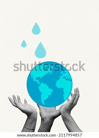 Care, support. Abstract earth globe in human hands isolated on light background. World water day concept. Contemporary art collage. Idea, inspiration, saving ecology, social problems. Poster, banner