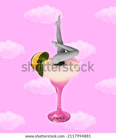 Margarita. Slender female legs stick out of cocktail glass isolated on light background. Copy space for ad, text. Modern design. Conceptual, contemporary bright artcollage. Party time, fun mood. Royalty-Free Stock Photo #2117994881