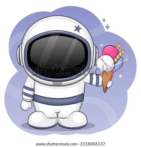 Cute cartoon astronaut holding space ice cream. Vector illustration on a purple background.