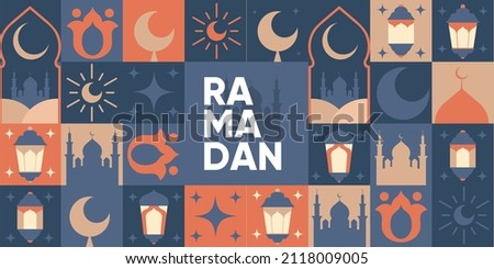 Ramadan Kareem. Islamic greeting card template with ramadan for wallpaper design. Poster, media banner. Mosaic vector illustration. Royalty-Free Stock Photo #2118009005