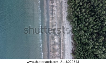 Beautiful black beach with sea wave at Laem Son National park, Ranong, Thailand. The sea beach and the pine trees are halfway in the aerial panoramic view picture.