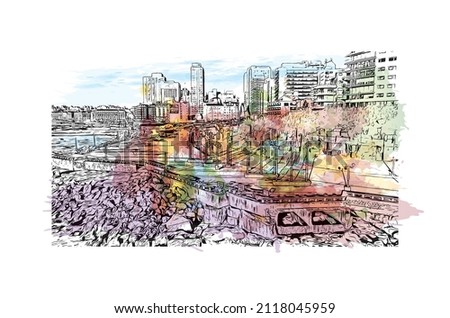 Building view with landmark of Mar del Plata is the 
city in Argentina. Watercolor splash with hand drawn sketch illustration in vector.