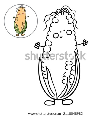 Children's coloring page with cute corn cob character. Linear vector drawing in black on white isolate.