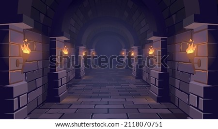 Dark Dungeon. Long medieval castle corridor with torches. Interior of ancient Palace with stone arch. Vector illustration. Royalty-Free Stock Photo #2118070751
