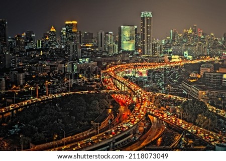 Night view of the city, highway in Bangkok, Thailand. Royalty-Free Stock Photo #2118073049