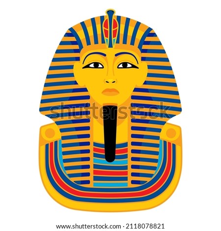 Mask of Pharaoh. Touristic symbol of ancient Egypt. Golden death mask of the mummy. Vector illustration for poster, banner, cover Royalty-Free Stock Photo #2118078821